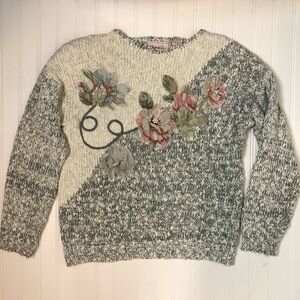 Vintage Penbrooke Lane Embellished Knit Sweater Floral Patchwork Pearl Medium